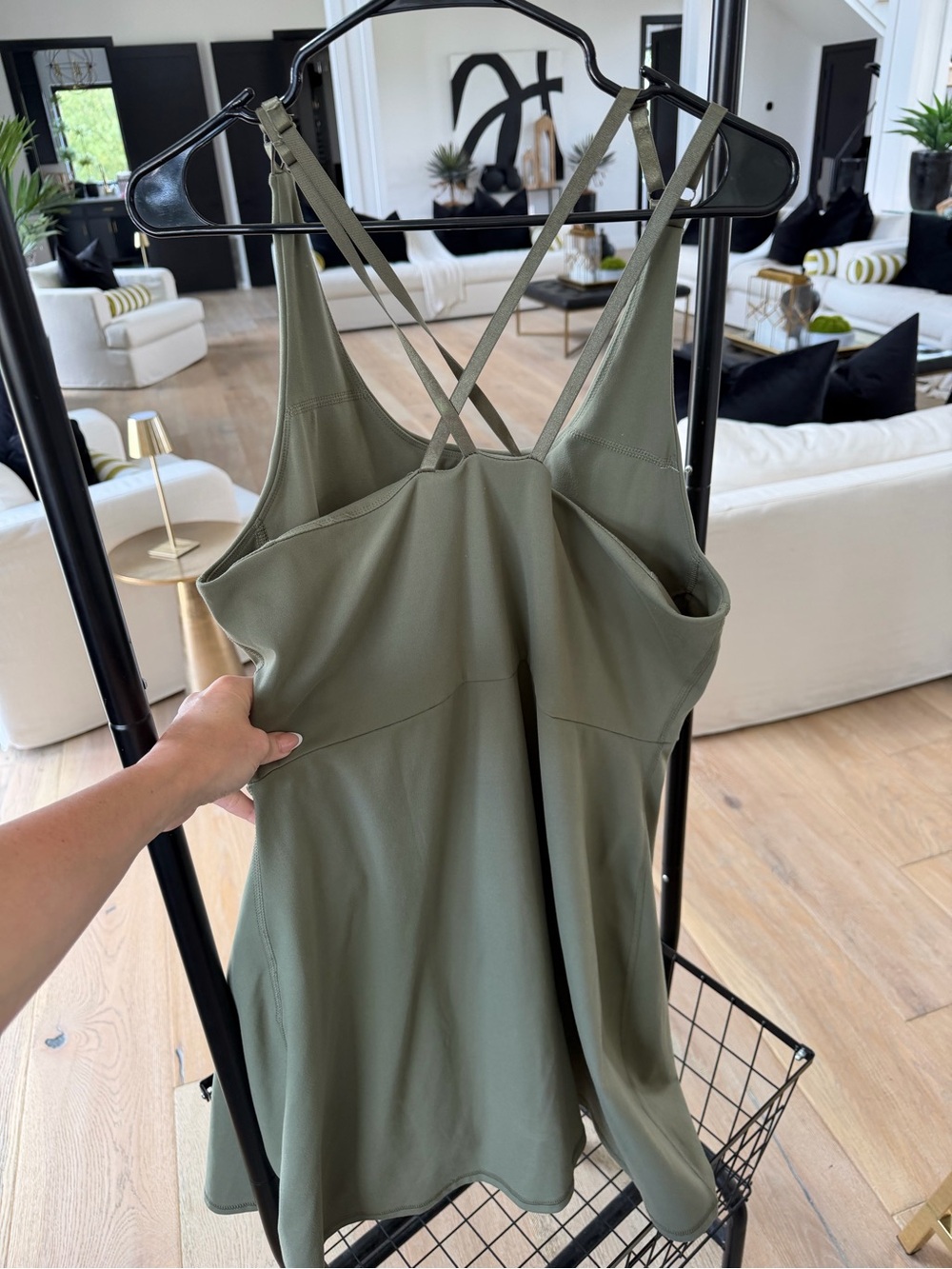Olive Green Strappy Athletic Dress with Crisscross Back - Picture 3 of 6